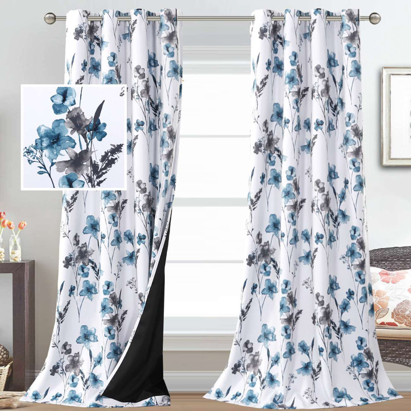 Peshy Floral 100% Blackout Grommet Curtain Panel Pair, Gray/Blue, 84" L x 52" W 