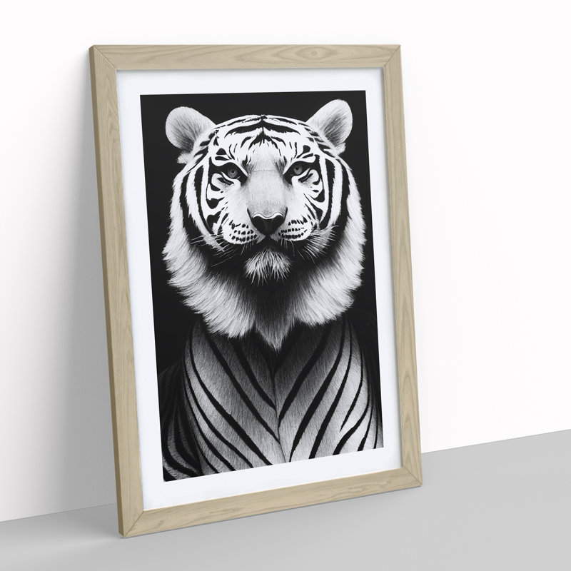 Monochrome Tiger No.2 - Framed Print, 46cm H x 34cm W x 2cm D, Oak