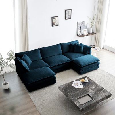 Blue Chenille U-shaped Sectional, 5 With Reversible Footrest & 2 Ottomans, Solid Wood Frame For Home Convertible Sectional , Upholstery, Quality Construction