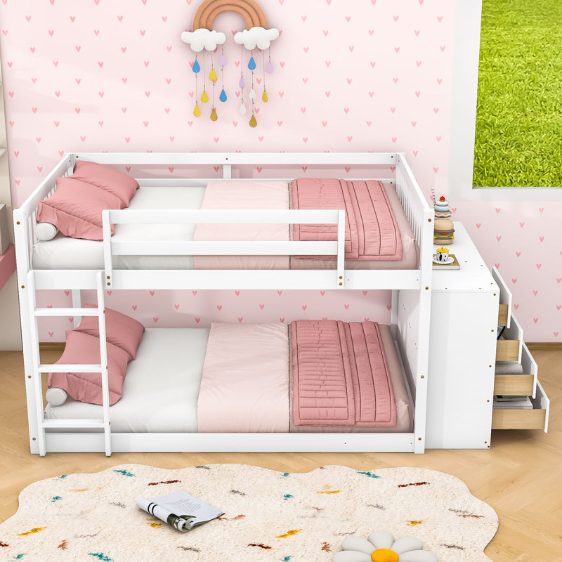 Lit superposé multifonctionnel en bois avec tiroirs et tablettes de rangement, Lit superposé double sur double, Blanc