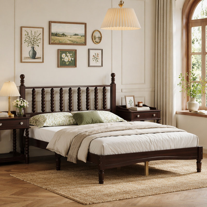 Lit plateforme en bois avec tête de lit en forme de gourde, Noyer