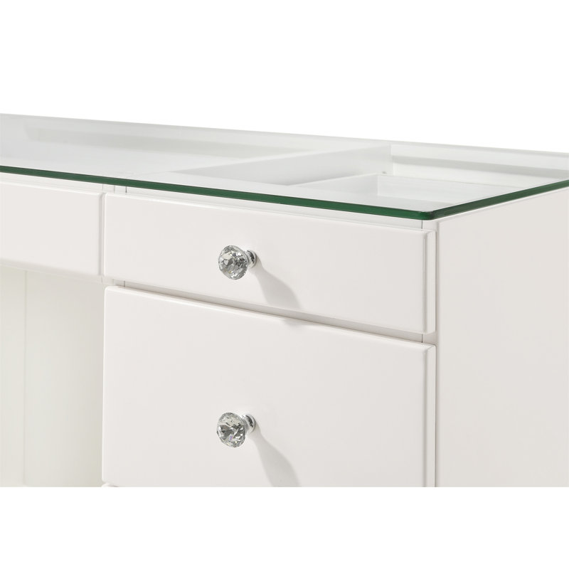 1Pc Glam Makeup Vanity Table Glass Top 9 Drawers Knobs Wooden Bedroom Furniture, White