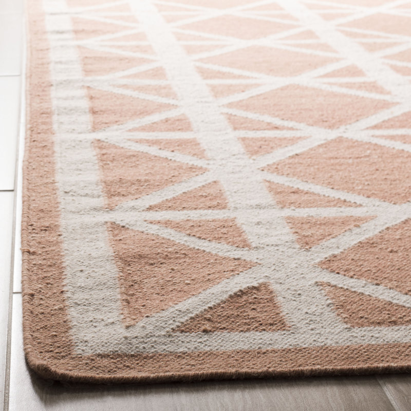 Rodgers Hand Woven Flat Weave Wool/Cotton Geometric Rug in Tan/Ivory, Rectangle 3' x 5'