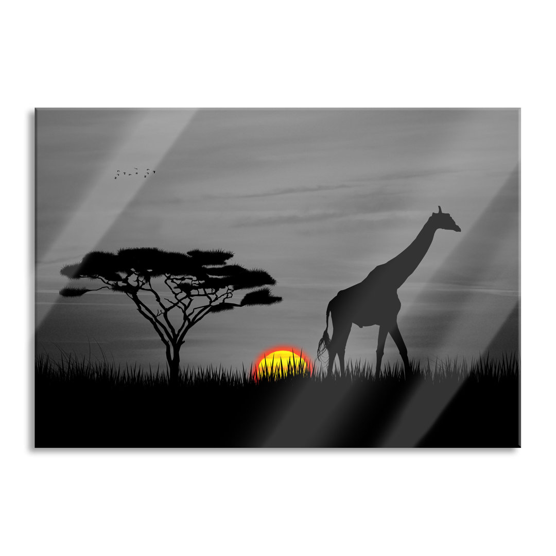 Glasbild Giraffe im Sonnenuntergang