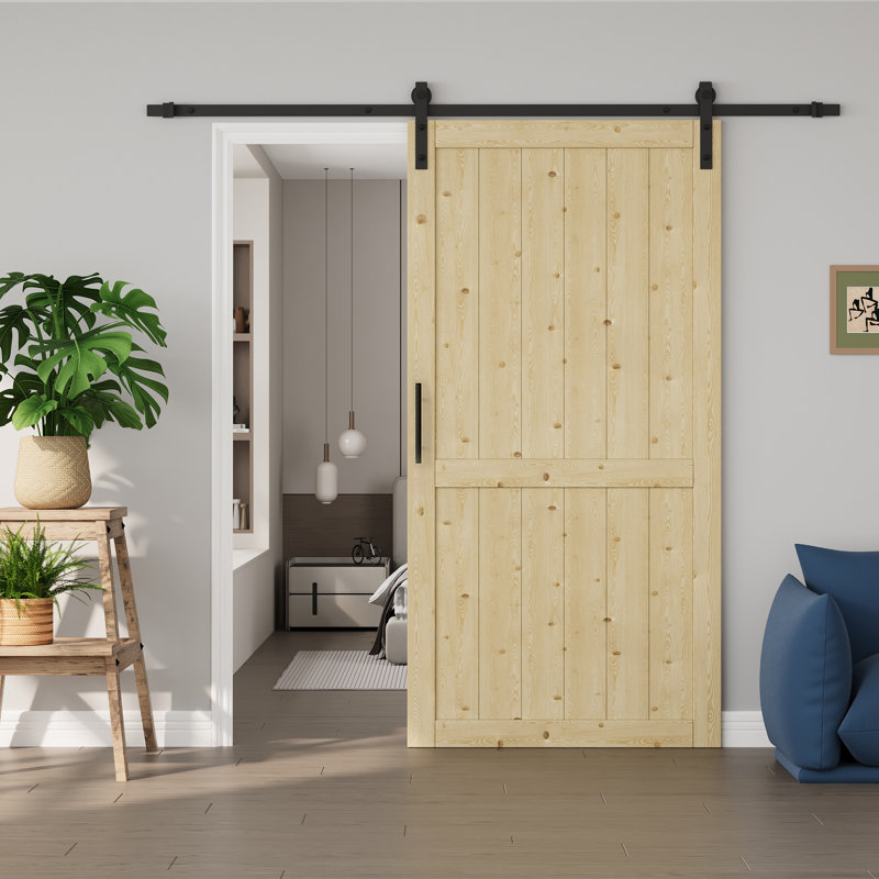 Porte de grange coulissante 84 po H 84 po, 42 po x 84 po, Pin, Avec fermeture en douceur