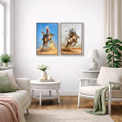 Western Cowboy Rodeo Horse, œuvre d'art, images de campagne rustique ranch, impression encadrée sur toile, 2 pièces