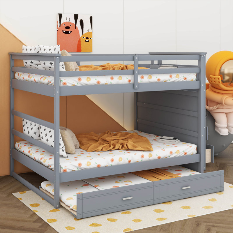 Lit double superposé au dessus d'un lit double avec gigogne simple, Gris