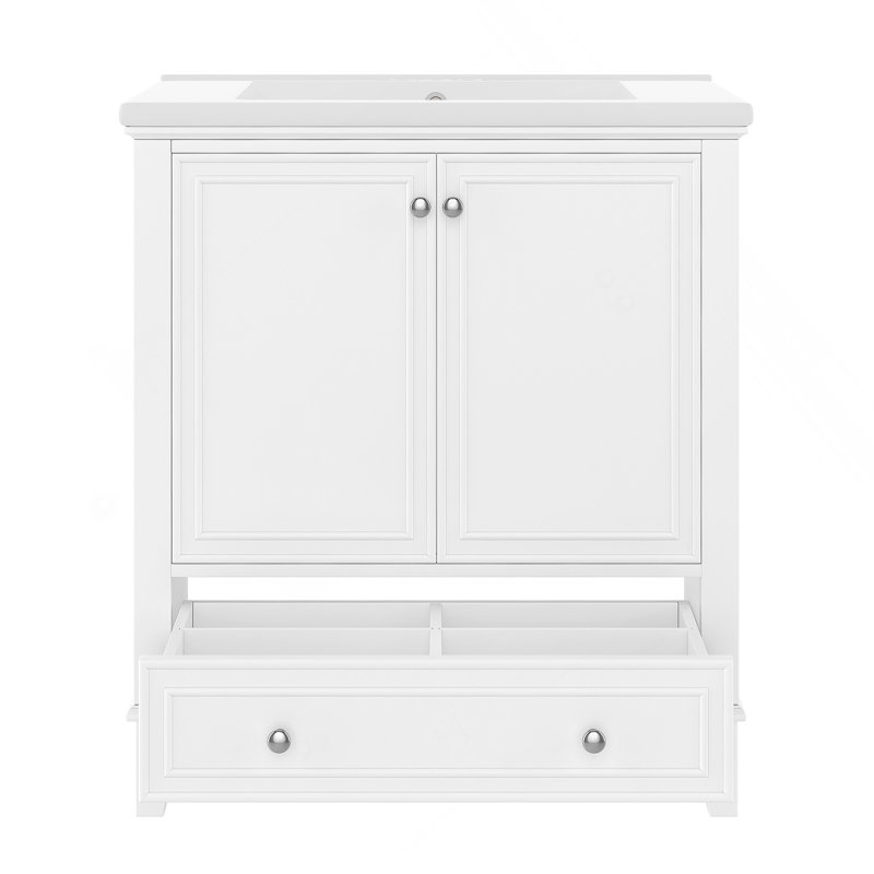 Ensemble de meuble-lavabo 30 po avec lavabo, armoire de salle de bain multifonctionnelle avec portes et tiroir, cadre solide et panneau de fibres à densité moyenne, blanc (ancien sku: sy999606aak)