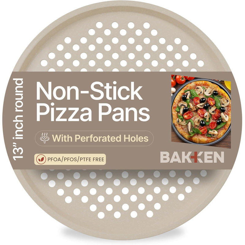 Ensemble de 1 casseroles à pizza Bakken - Acier au carbone perforé rond avec revêtement antiadhésif en marbre, poignée en silicone blanc, durable et facile à nettoyer