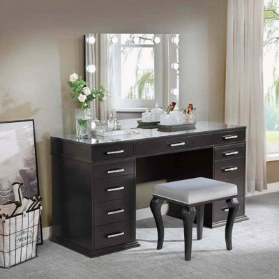 Glam Vanity Set with LED Mirror and Glass Top