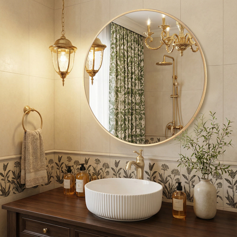 Metal Round Wall Mirror, Gold, 36" x 36"