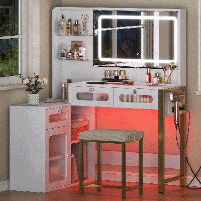 Bureau de meuble-lavabo avec miroir et lumières, dessus de meuble-lavabo transparent avec tiroirs RVB, une variété de modes d'éclairage, luminosité réglable, prise de courant, chambre à coucher, blanc