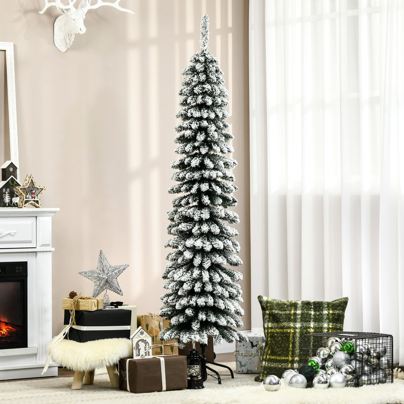 6-foot Tall Snow Flocked Artificial Christmas Tree, Slim Pencil Design With Realistic Branches And 395 Tips, Flame-retardant, Easy Assembly Storage, Style, Plastic Branches, Assembly, Lightweight