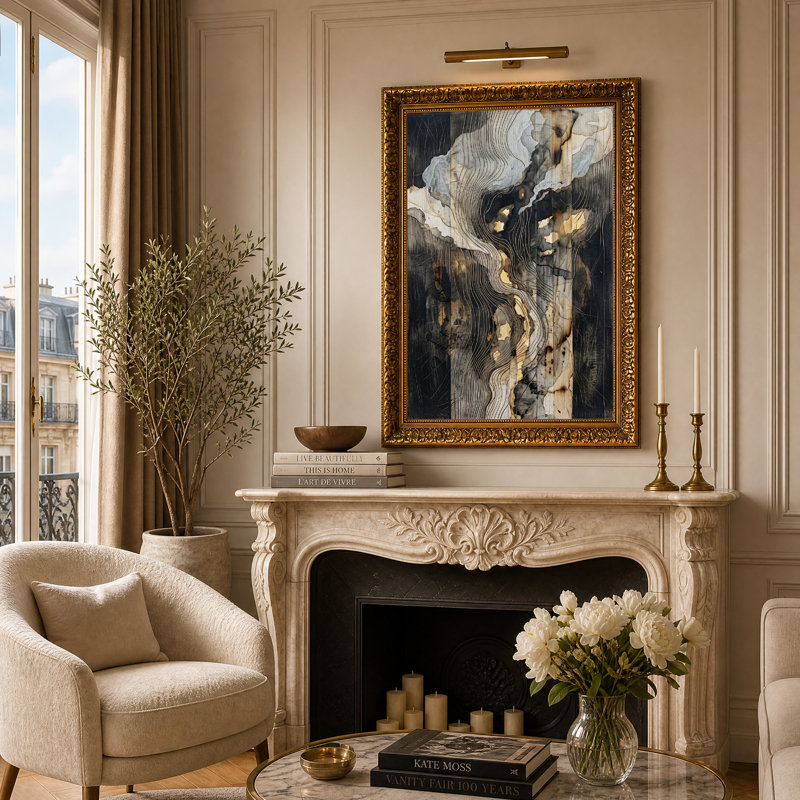 Tableau abstrait sur toile à la feuille d'or représentant une topographie de bois brûlé, H 24 po x l 16 po