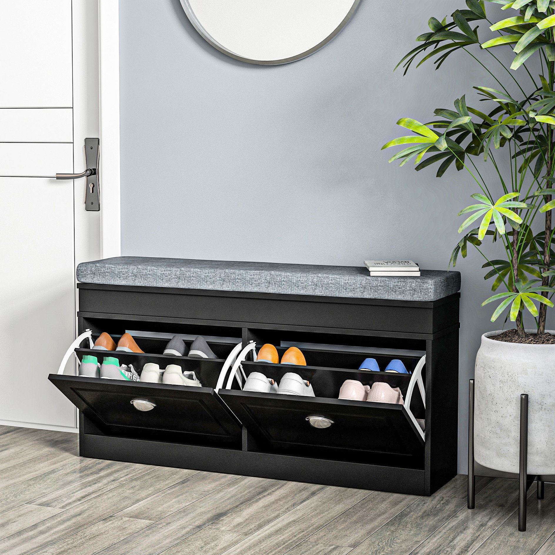 Latitude Run® Shoe Rack Bench In Black For Entryway, With Comfy Cushion ...