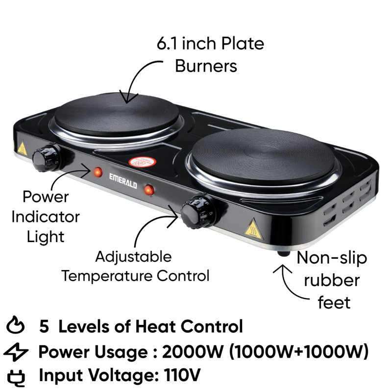 Emerald Compact & Portable, 2000W (2x1000W) Electric Double Burner 6.1" Coils Less Plate Stovetop - Black, Black