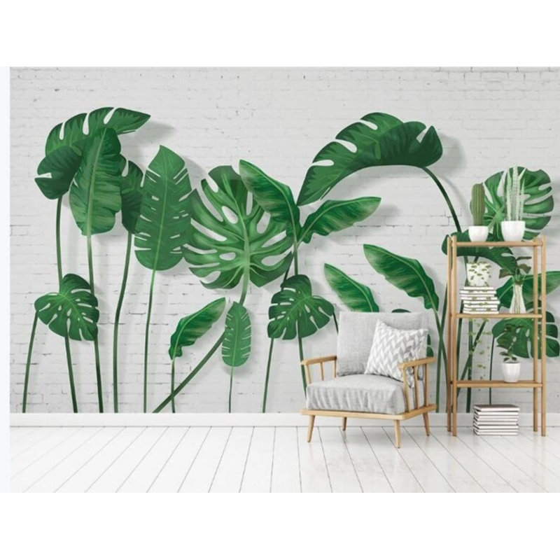 Green Monstera Leaf Brick Wall Mural – Modern Botanical Tropical Plant Large Format Accent Wall Art Decor, 114" L x 204" W