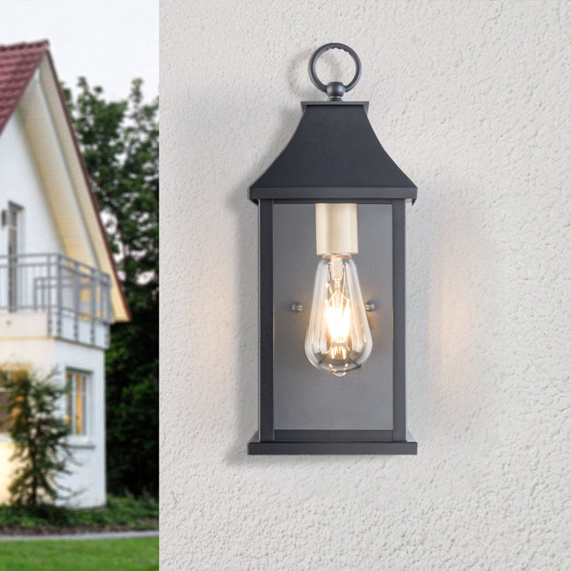 Wilcher 3-Light Dusk-to-Dawn Outdoor Wall Lantern, 15" H x 6" W x 5.3" D, Matte Black/Gold