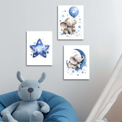 Elephant Nursery Wall Decor,Blue Moon And Stars Picture Painting,Baby Girl Room Decor,Nursery Canvas Wall Art,Cute Animal Poster Prints Set Of 3 For Bedroom 16X24 Framed