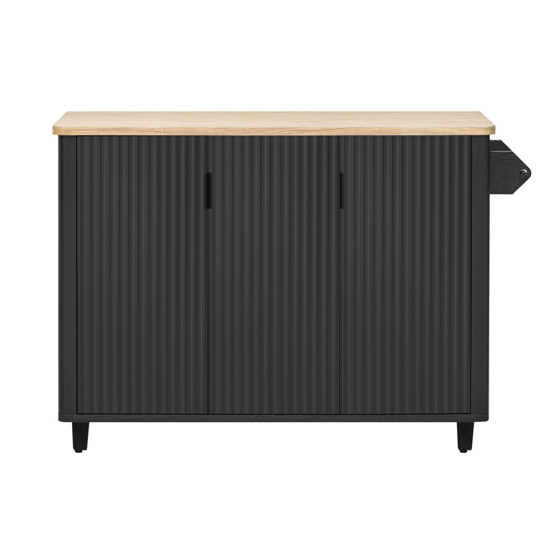 51" Fluted Kitchen Island with Drop Leaf, Farmhouse Accent Kitchen Island on Wheels with Internal Storage Rack, Rolling Kitchen Cart with Towel Rack for Kitchen, Dining Room