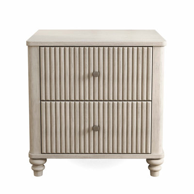Beige 21.65" Wide Fluted Wooden Nightstand, Metal Handle Multi-Scene Storage Side Table