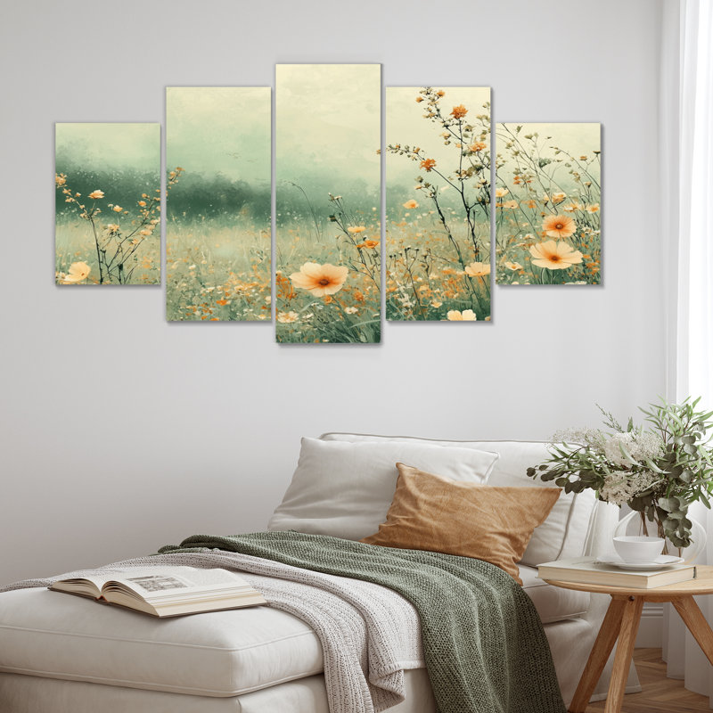 Orange Country Wildflowers Dream - Wildflowers Wall Decor - Traditional Wall Art 5 Piece