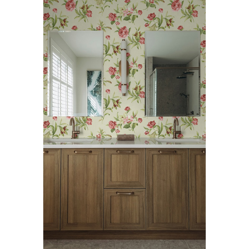 Seabrook Designs  Giverny Floral Leaf Unpasted Wallpaper, Metallic Champagne/Ruby