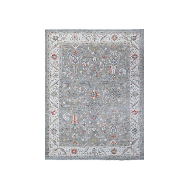 9'2"x11'10" Shark Gray Hand Knotted Heris All Over Design Peshawar Rug 693350828E0A42A89BC16EDAC615B968