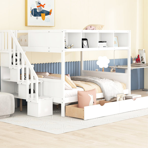 Latitude Run® Twin Over Full Bunk Bed In With Shelves, Storage Stair ...