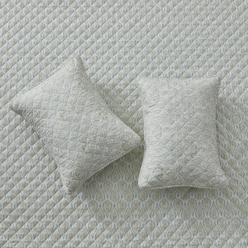 Ensemble de courtepointe à imprimé floral Patina Vie Maison, Double/Grand, Perrie ornée de lotus gris / bleu