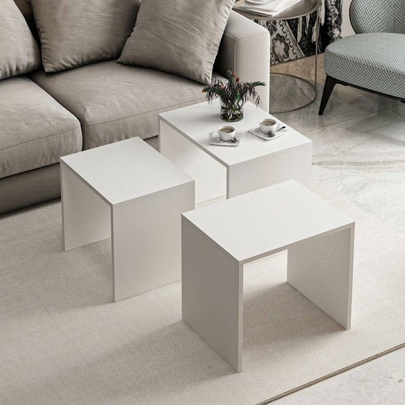 Ensemble de tables gigognes modernes (3 pièces), blanc, 21,7 po x 18,5 po x 15,7 po | 100% panneau de particules enduit de mélamine, épaisseur: 0,7 pouce | Élégant et fonctionnel pour le bureau à domicile, le salon ou les espaces d'étude