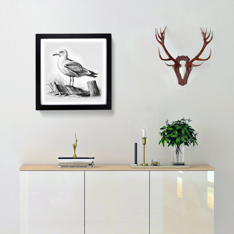 Seagull Drawing - Single Picture Frame Print on Wood, Black