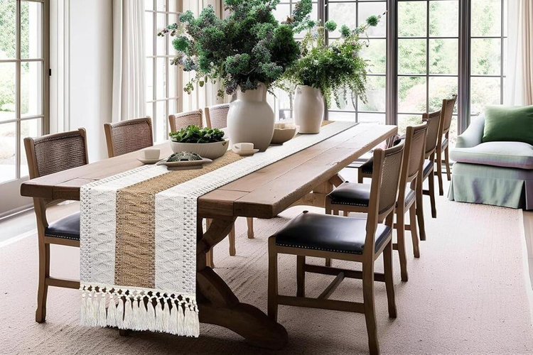 long table runner with tassels on a large wood dining table styled with greenery and neutral decor