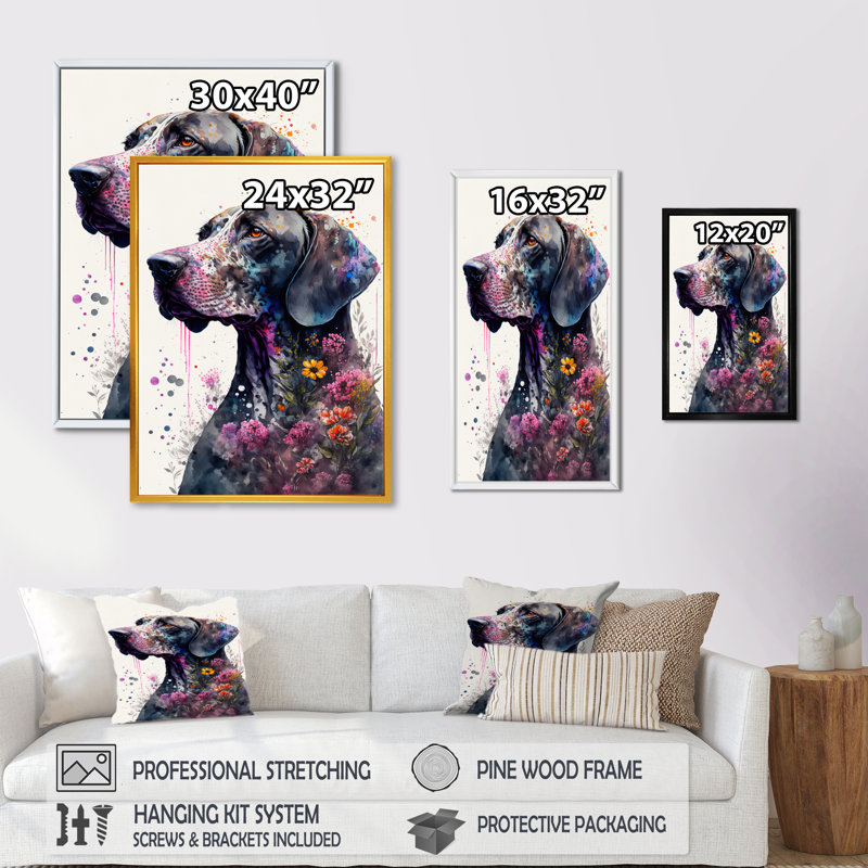«Cute Germand Dog», art floral - peinture sur toile, H 40 po x l 30 po x P 1,5 po, Toile avec cadre flottant or