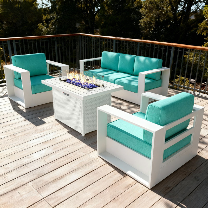 Modern Outdoor Aluminum 4-piece Conversation Set With Firepit Table, Teal Cushion/White Frame