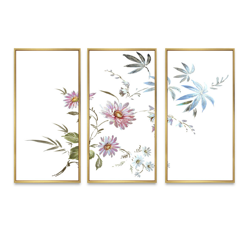«Blue and Pink Wildflowers I», ensemble d'art mural sur toile encadré traditionnel de 3, H 32 po x l 48 po x P 1 po, Or