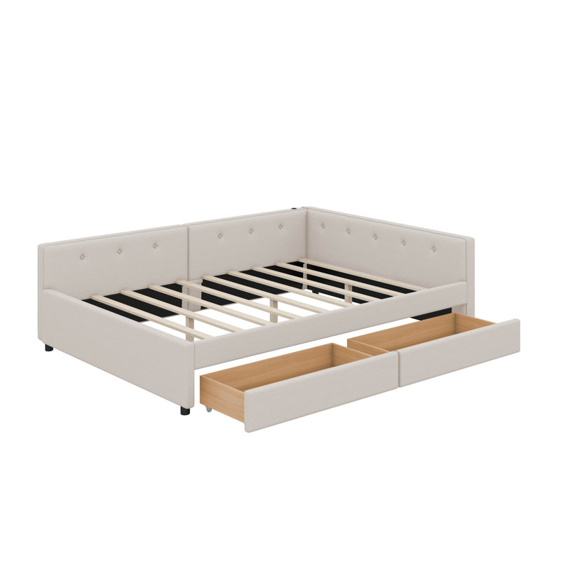 Full Size Upholstered Platform Bed With USB And 2 Drawers