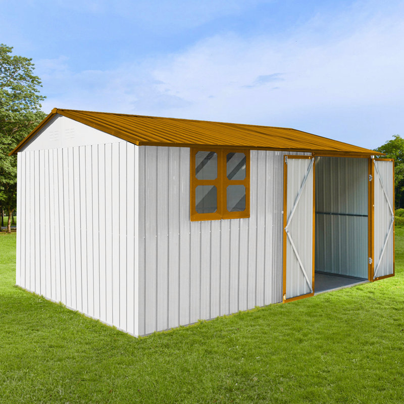 Spacious Metal Garden Shed 12ftx10ft with Integrated Vents and Hinged Door for Enhanced Storage and Security, Yellow/White