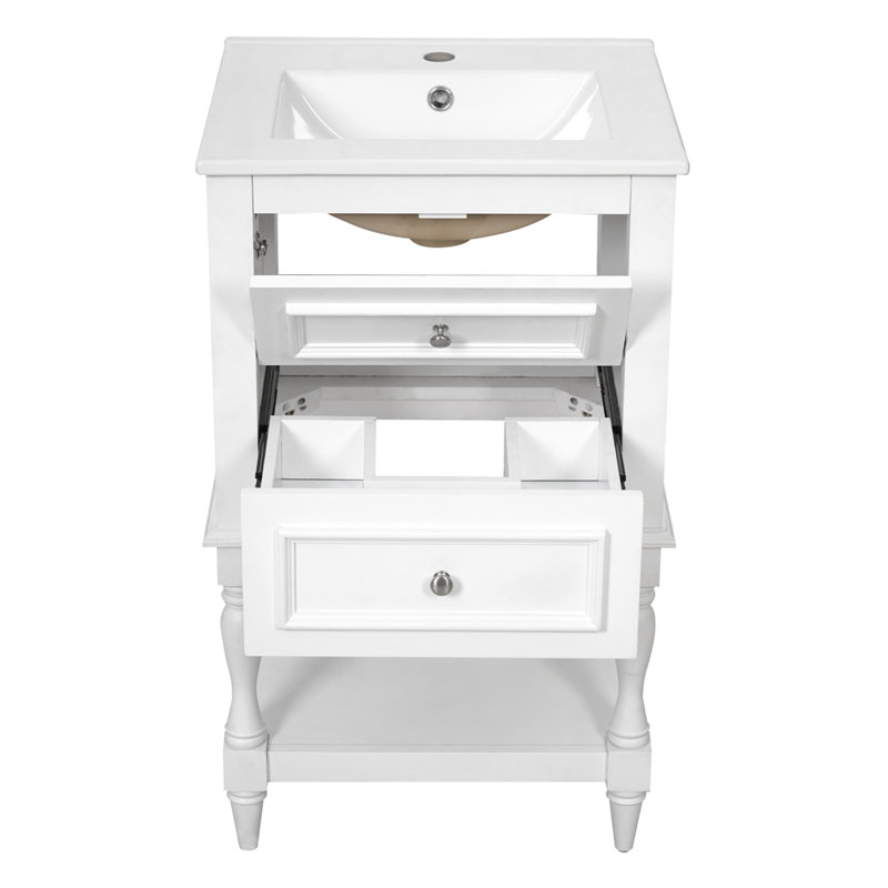 Meuble-lavabo de 20 po avec lavabo en céramique, armoire de rangement avec tablette ouverte, armoire de salle de bain rétro avec 2 tiroirs