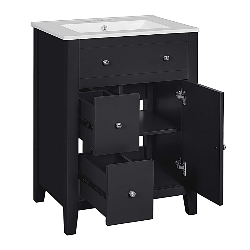 Meuble-lavabo 24 po avec lavabo en céramique 24 po, 2 tiroirs et 1 porte, Noir