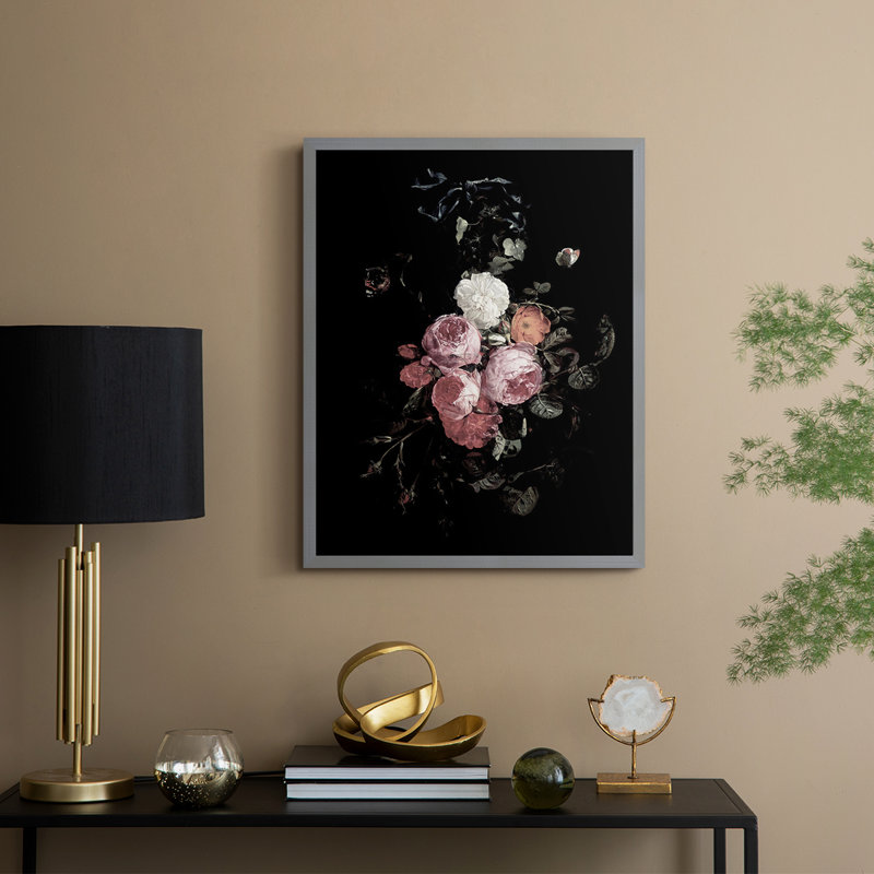 Reproduction florale rétro encadrée XCV - bois massif, Gris, H 30 po x l 24 po