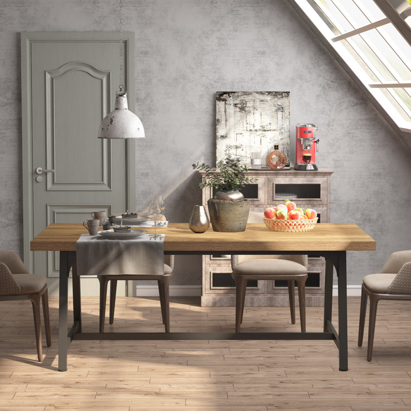 Baeumel 70.87'' Rectangle Dining Table for 6-8, Wood Kitchen Table with Strong Metal Frame, Light Brown/Black