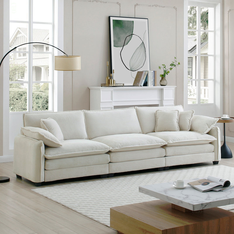 Canapé modulaire Mid-Century 3 places avec 2 accoudoirs et 3 coussins décoratifs, tissu en velours côtelé beige