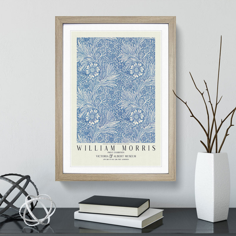 Blue Marigold with Border by William Morris - Picture Frame Painting, 36cm H x 27cm W x 2cm D, Oak Framed