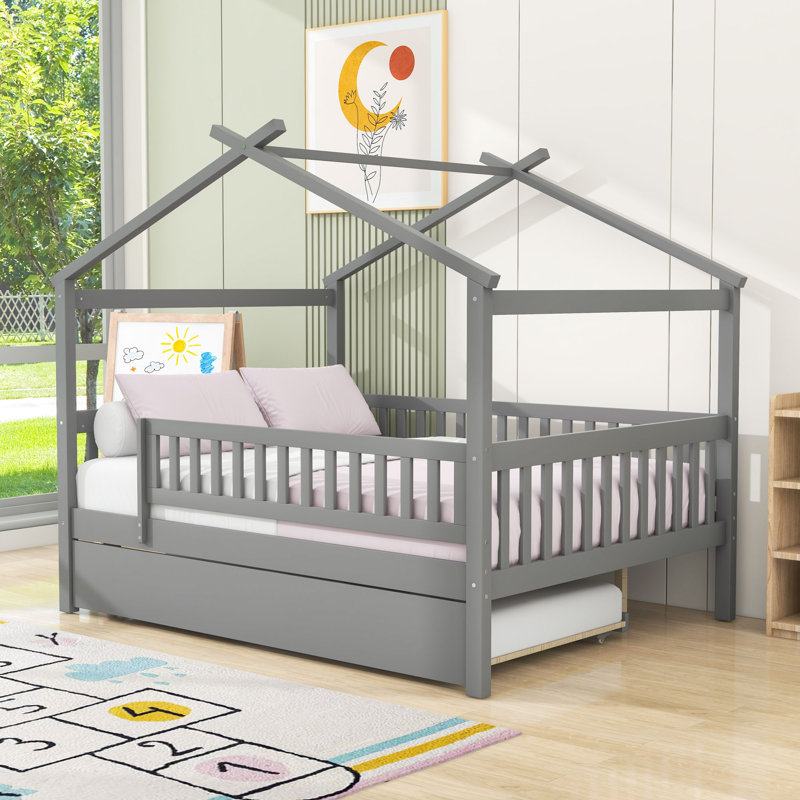 Wooden House Bed With Safety Guardrails And Twin Trundle, Full, Gray