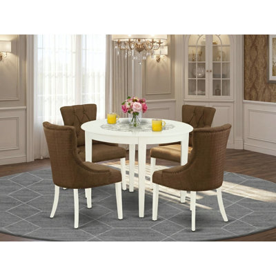 L'ensemble de table de salle à manger 5 pièces pour 4 personnes comprend une table de cuisine ronde et 4 chaises de salle à manger Parsons en tissu brun, lin blanc