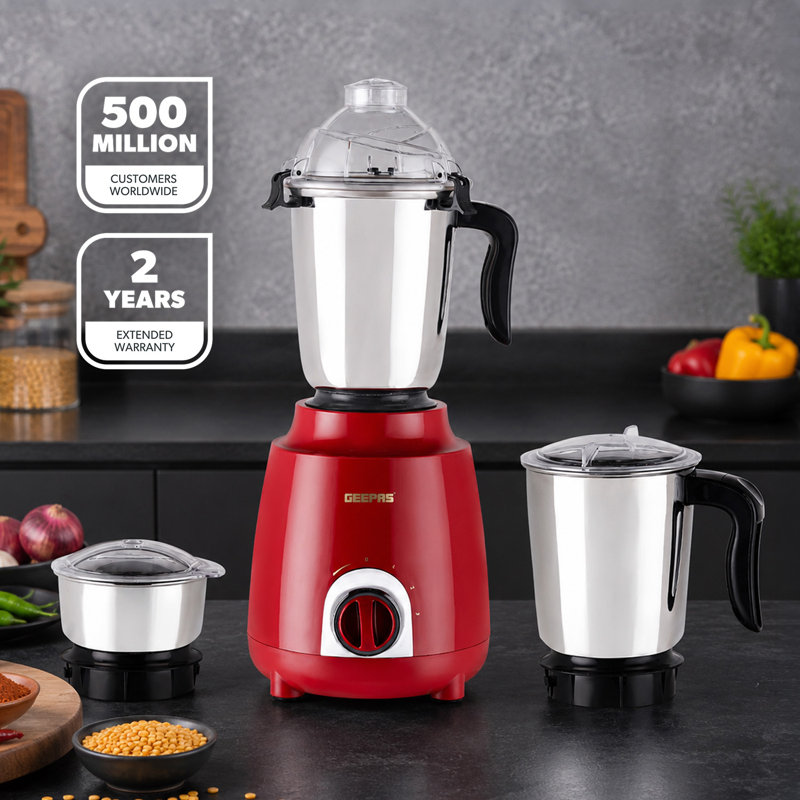 GEEPAS 600W 3-in-1 Mixer Grinder | Stainless Steel Jars, Blades | 3 Speed Control, Perfect for Chutney, Dry & Wet Fine Grinding Mixing Overload Protection Shockproof Body | 2 Yr Warranty