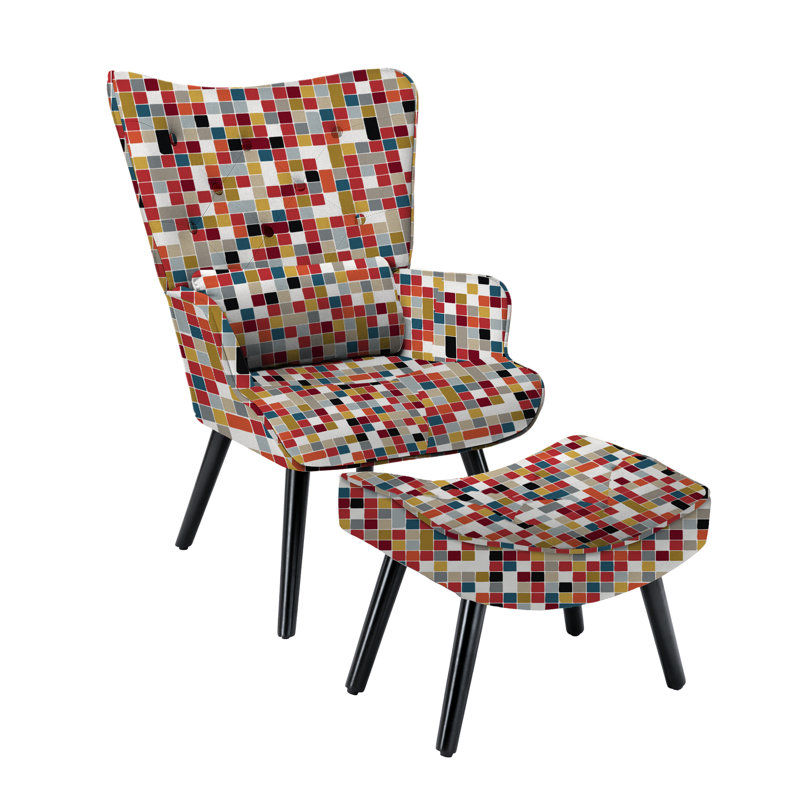 Kade Upholstered Linen With Footstool Armchair, Red Mosaic