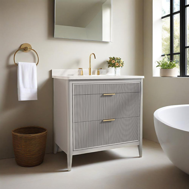 Ensemble de meuble-lavabo autoportant 30 po avec 2 poignées et plateau en marbre d'ingénierie - entièrement assemblé, Gris