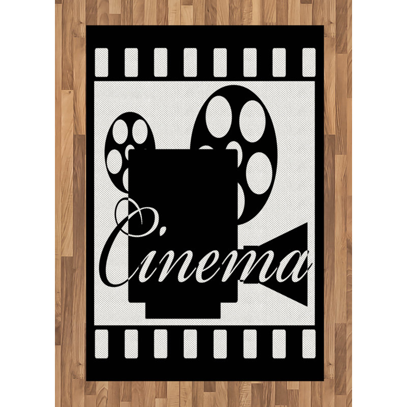 Ambesonne Movie Theatre Area Rug, Monochrome Cinema Projector Inside A Strip Frame Abstract Geometric Pattern, Flat Woven Accent Rug For Living Room Bedroom Dining Room, 4 X 5.7 Ft, Black White